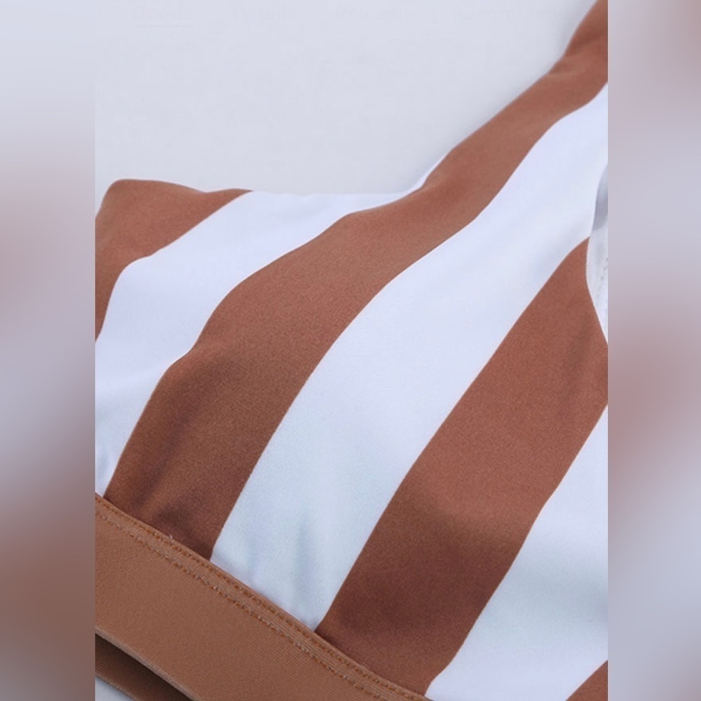 NWT BROWN WHITE ATHLETIC STRIPED TANK HIGH WAISTED BIKINI | 2 Piece Swimsuit - Picture 6 of 12